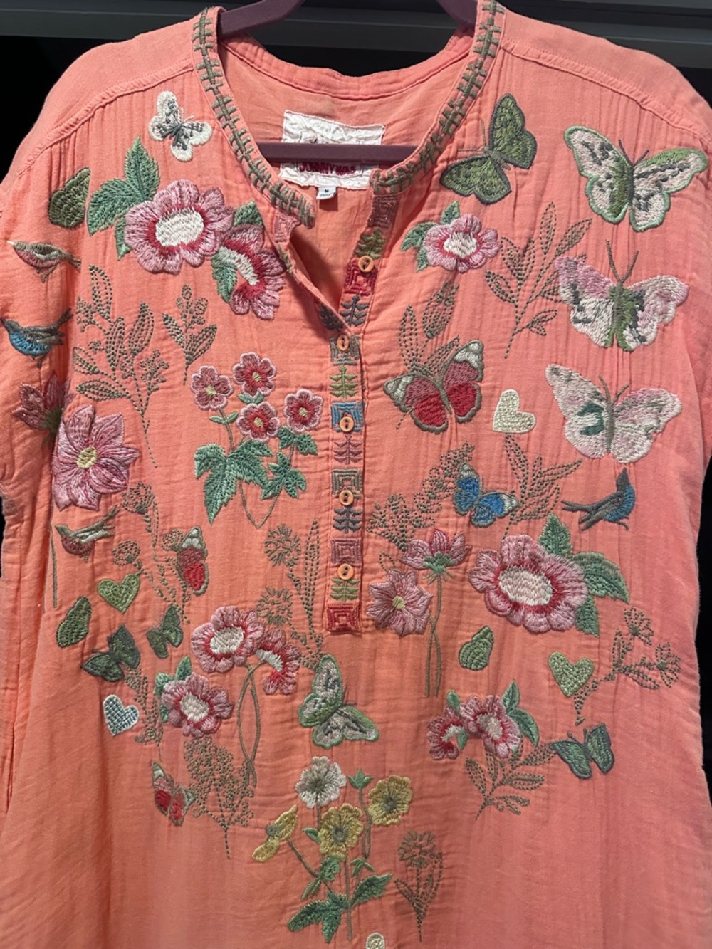 Biya Johnny Was Coral Embroidered Butterfly & Floral Tunic